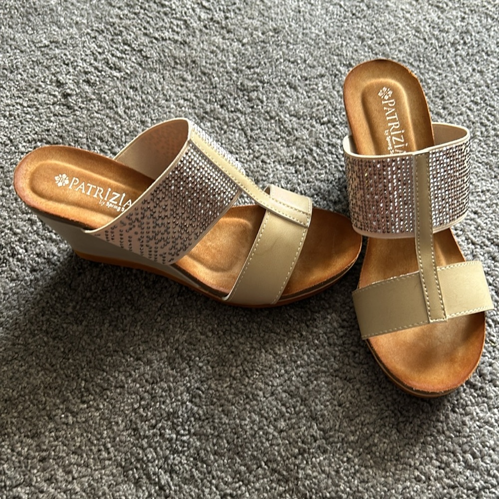 Patrizia Women's Cream Wedge Sandals with Rhinestone Strap